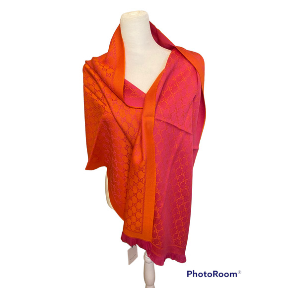Gucci Accessories - SOLD Gucci Wool Silk Jacquard GG Monogram Stenix logo Scarf Orange Pink NWT